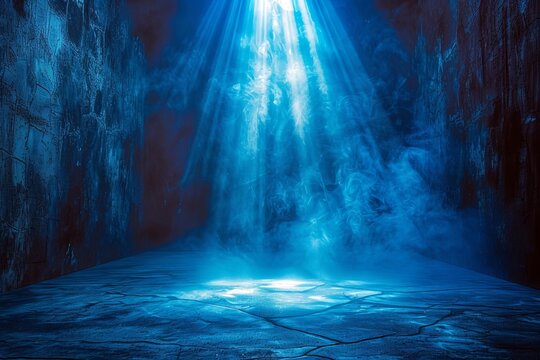 Spot for product showcasing, featuring an intense blue light beam against a dark cavernous backdrop, enhancing the display