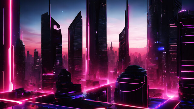 Design a dynamic abstract background with sharp geometric shapes and bold curves, illuminated by neon gradients, evoking a futuristic cityscape at night