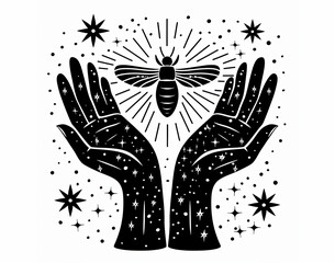 Black and white illustration of two hands with stars and a bee above them, surrounded by a cosmic background.

