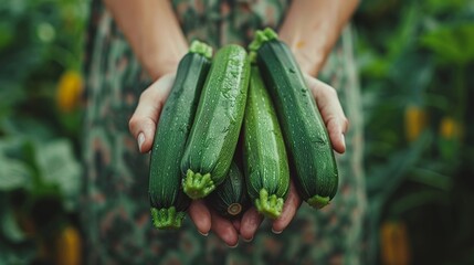 Fresh zucchini held with blurred selection background, ideal copy space for text placement