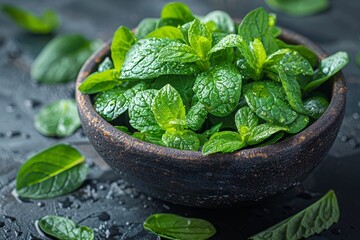 Crisp and vibrant green mint leaves presented in an earthy rustic bowl against a dark background, highlighting the freshness and organic quality