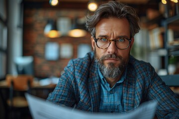 A serious-looking man with glasses reviewing documents in a cafe setting