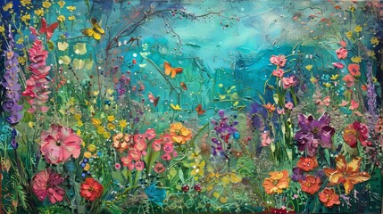 Artwork, Painted, Beautiful spring garden of flowers, mixed media textured painting, painterly and whimsical, high quality, cottagecore style
