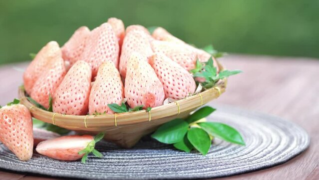 White Strawberries on wooden table in garden, Pink snow strawberry in wooden plate on blurred greenery background.	