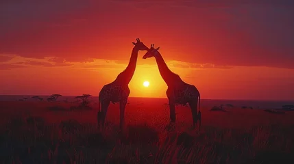 Foto op Canvas Two giraffes standing in front of a sunset, silhouetted against the dusky sky © yuchen