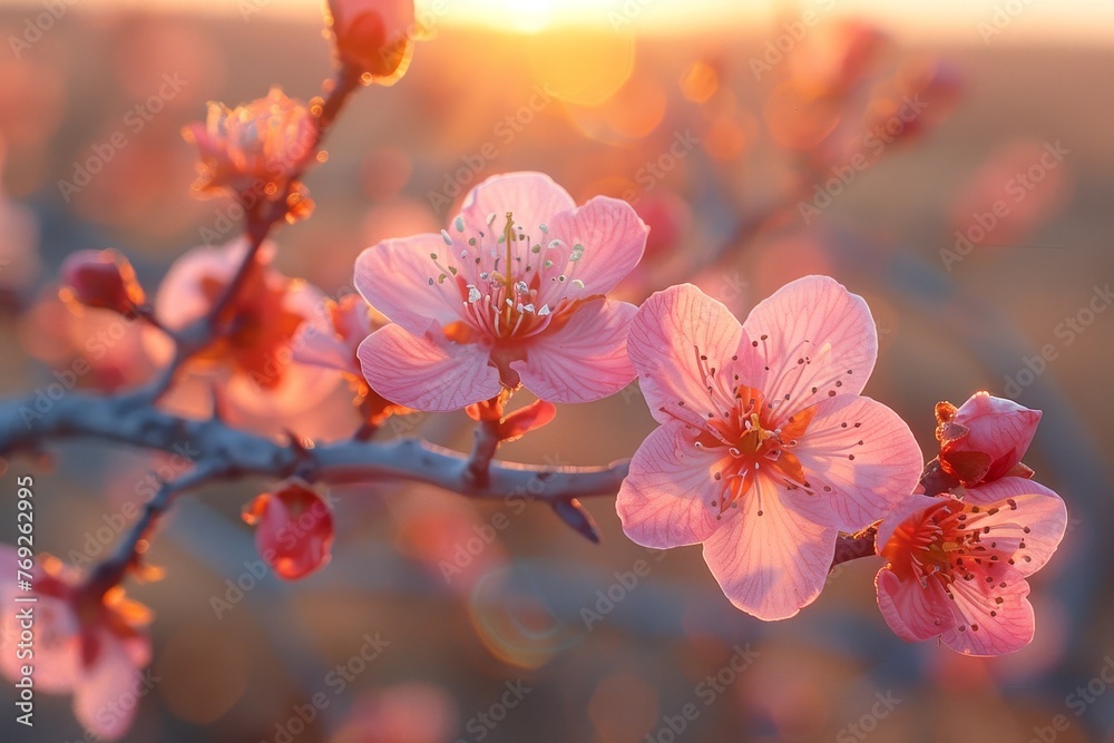 Wall mural vibrant cherry blossoms bask in the warm morning light, signaling the beginning of spring with delic