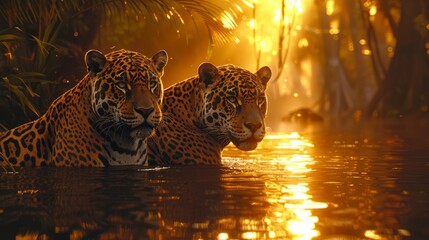 Two Felidae carnivores with whiskers swimming at sunset in the river - obrazy, fototapety, plakaty