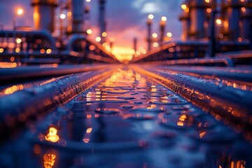 Obraz premium A cityscape gleams with golden twilight hues, reflected on the damp surface of an urban railway line at dusk