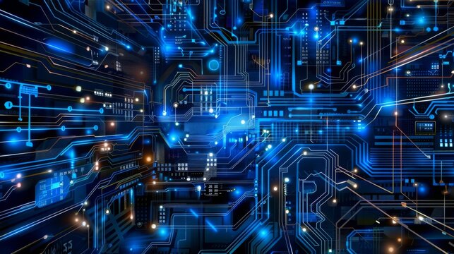 Electronic circuits, blue neon light, Software and Web Developer Programming Code, Binary Abstract Computer Script, Program Developing digital background.