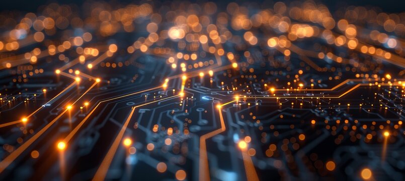 Computer technology circuit board background with electronic hardware components