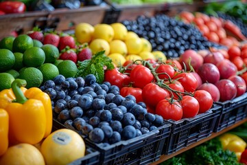 Vibrant display of fresh fruits and vegetables showing variety and healthy food options at a market