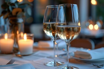 A romantic setting featuring two wine glasses with a warm, cozy backdrop of soft candlelight, ideal for intimate dinners or celebrations