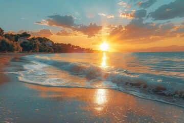 The sun sets creating a golden hue over the gentle waves washing onto the sandy shore lined with lush greenery - Powered by Adobe