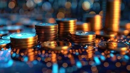 Graphical representation of the concept of wealth accumulation over time through investing It showcases various financial and business elements such as money,currency,coins,graphs