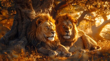 Two lions, carnivorous felidae big cats, rest under a tree in the woods