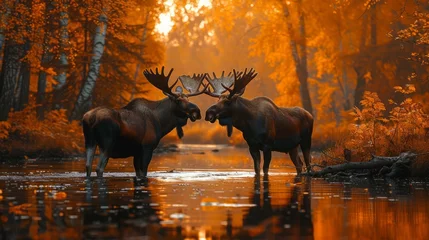 Rideaux occultants Orignal Two moose in ecoregion river, surrounded by natural landscape