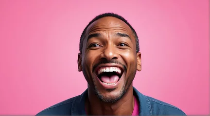 Fotobehang young black african middle age man on plain bright pink background laughing hysterically looking at camera background banner template ad marketing concept from Generative AI © sevenSkies