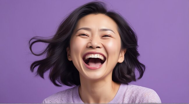 young asian middle aged woman on plain bright purple background laughing hysterically looking at camera background banner template ad marketing concept from Generative AI