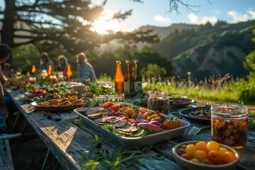 Friends enjoying a picnic with a spread of food and drinks on a mountain overlooking the sunset