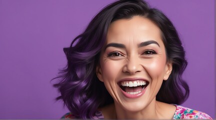 young mexican middle aged woman on plain bright purple background laughing hysterically looking at camera background banner template ad marketing concept from Generative AI