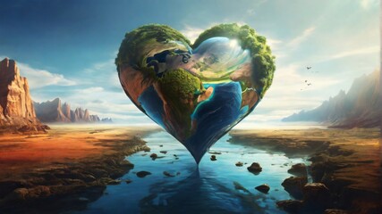 The heart-shaped earth floats in the dreamy blue sky, symbolizing love for all creatures - obrazy, fototapety, plakaty