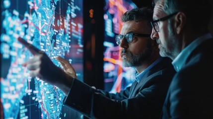 Two professional network security experts are closely examining a live threat map displayed on a large digital screen They are collaborating and strategizing,using the advanced data visualization - obrazy, fototapety, plakaty