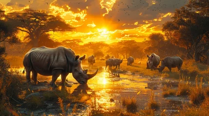 Keuken spatwand met foto Rhinos grazing in the grassy plain under the sunset sky © yuchen