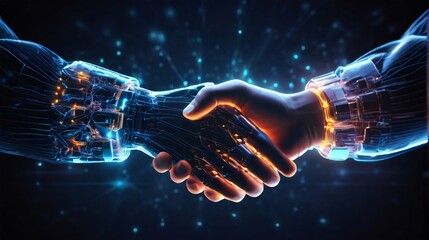 Two glowing hands clasped each other in a strong handshake. Technological details are highlighted, demonstrating the potential for innovation - obrazy, fototapety, plakaty