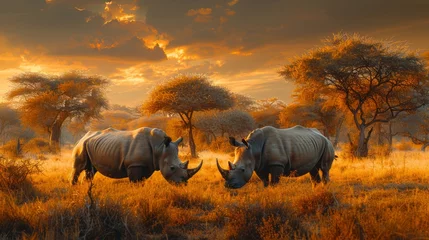 Zelfklevend Fotobehang Two rhinoceros grazing at sunset in a natural landscape © yuchen