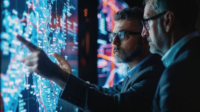 Two professional network security experts are closely examining a live threat map displayed on a large digital screen They are collaborating and strategizing,using the advanced data visualization - Powered by Adobe