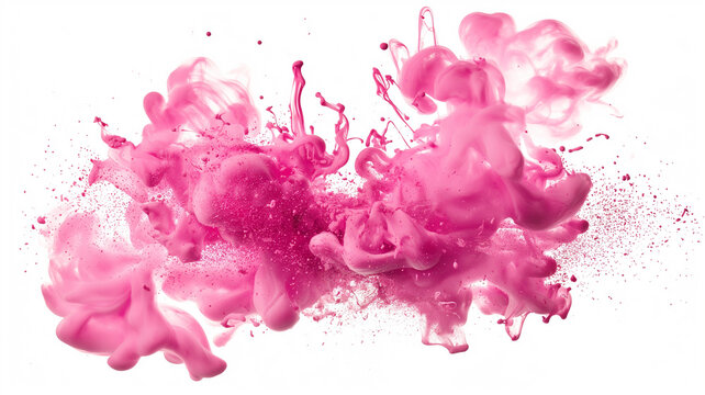 pink color ink drop in the water exploding splashes on isolated white