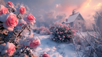 Zelfklevend Fotobehang Digital pink roses snow drenched bushe abstract graphic poster web page PPT background © jinzhen