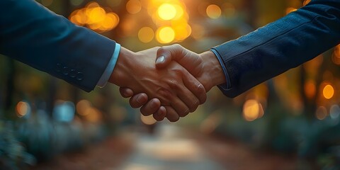 A Symbolic Sunrise: Two Businessmen Shaking Hands in an Office to Seal a Successful Partnership and Agreement. Concept Business Partnerships, Office Handshake, Successful Agreements, Symbolic Sunrise - obrazy, fototapety, plakaty