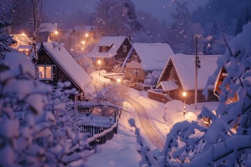 A snowy village at night on Christmas. Warm lanterns provide a festive atmosphere