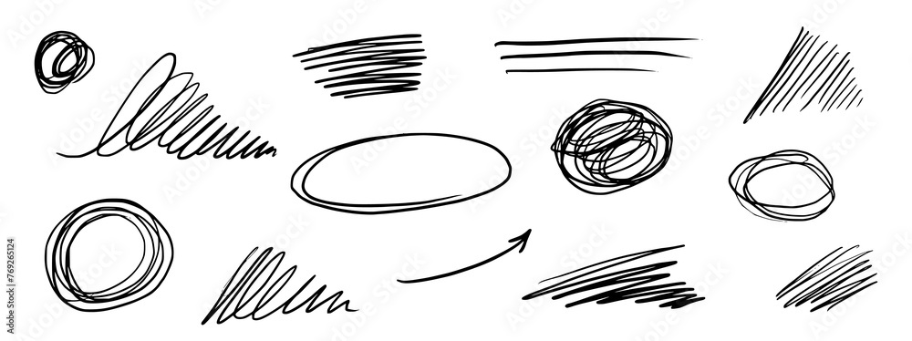 Aufkleber Scratch pen line scribble pencil vector. Scratch texture, pen line sketch mark, brush stroke. Hand drawn doodle grunge graffiti texture marker stroke. Pencil scrawl effect. Vector illustration