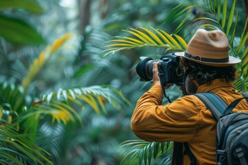 An enthusiastic photographer immersed in the lush greenery of a tropical forest focuses intently on his shot