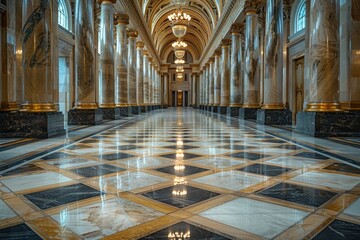Obraz premium The grandeur of an opulent marble corridor with polished floors, luxurious columns, and gleaming light fixtures