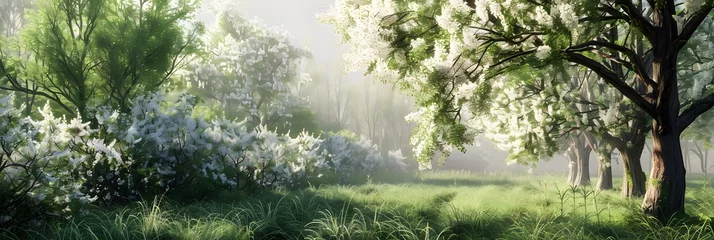 Fototapeten Blooming white acacia in spring forest  © Ziyan