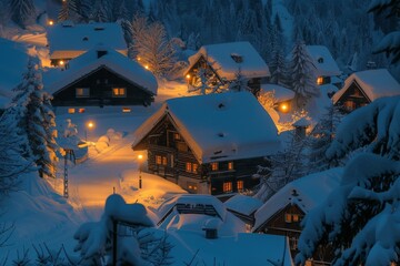 A snowy village at night on Christmas. Warm lanterns provide a festive atmosphere