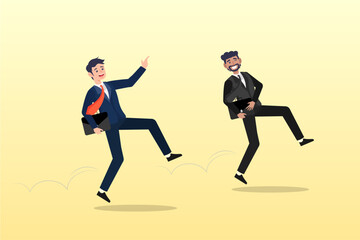 Fototapeta na wymiar Happy success businessman partner with cheerful jumping metaphor of success in work or career, optimistic or positive thinking, celebrating goal achievement or freedom after work or Friday (Vector)