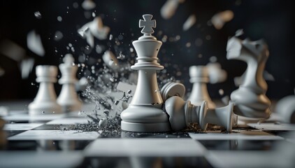 3d rendering, aggressive chess game white queen attacks and destroys other pieces. Damage metaphor, stressful situation, fight concept, Generative AI 