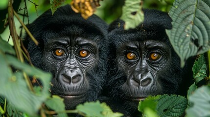 Two primate heads with eyes peeking out from green leaves in the jungle - obrazy, fototapety, plakaty