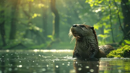 A carnivorous otter swims in the water of a woodland lake