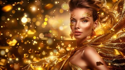 Banner beauty model girl on holiday golden background, woman with beautiful make up and curly hair style wearing gold dress, golden glow, festive celebration, copyspace .