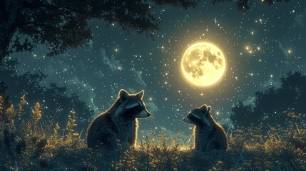 Two raccoons at midnight under a full moon, creating a mysterious atmosphere
