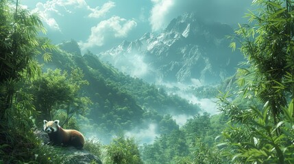 A red panda perches on a forest rock amid lush natural landscape