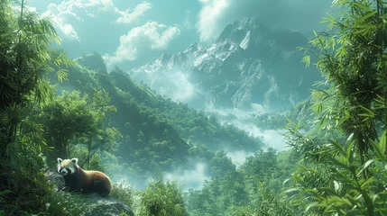 Crédence de cuisine en verre imprimé Himalaya A red panda perches on a forest rock amid lush natural landscape