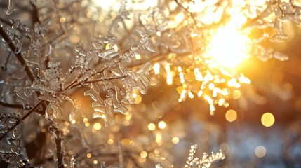 As the sun rises on the aftermath of an ice storm the world is transformed into a glittering wonderland. The ice shimmers and sparkles creating a dazzling display of natures