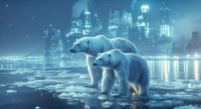 Polar bears on shrinking ice floes, city skyline backdrop