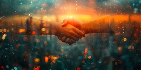 Strengthening Business Connections in the Urban Landscape: Double Exposure Handshake and Cityscape. Concept Networking Events, Business Growth, Urban Skylines, Professional Partnerships - obrazy, fototapety, plakaty